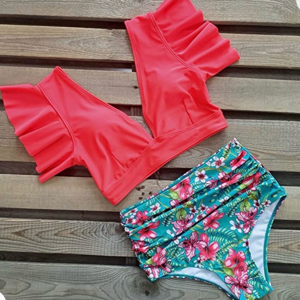 Red Ruffle Bikini Top with Tropical Floral Bottoms